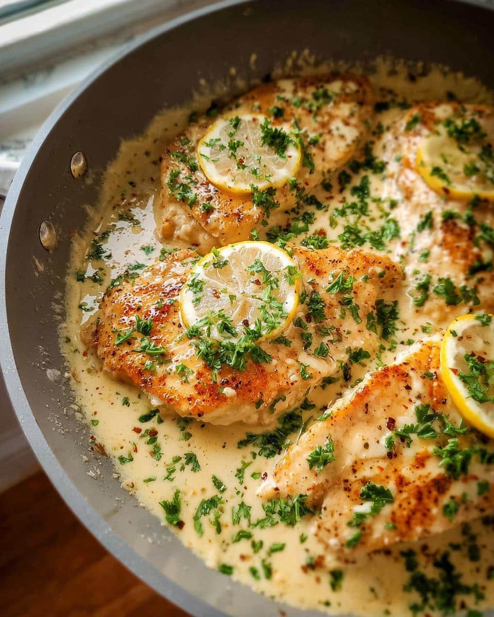 Close-up of seared chicken breasts simmering in a rich Lemon Garlic Cream Chicken Skillet sauce, garnished with lemon slices and parsley.