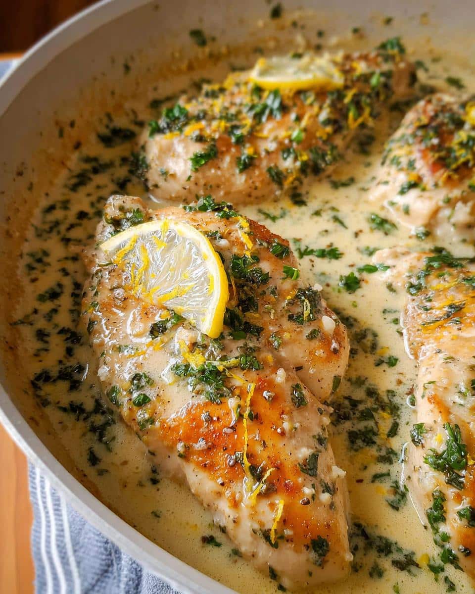 Close-up of seared chicken breasts simmering in a rich Lemon Garlic Cream Chicken Skillet sauce, garnished with parsley and lemon slices.
