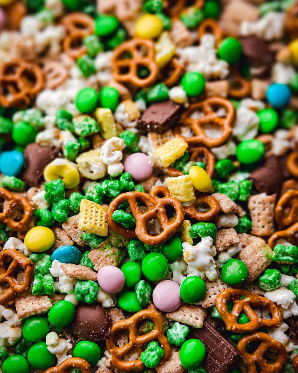 A close-up, vibrant mix of pretzels, cereal pieces, chocolate chunks, and green/pink/yellow candies making up the Leprechaun Bait Snack Mix.