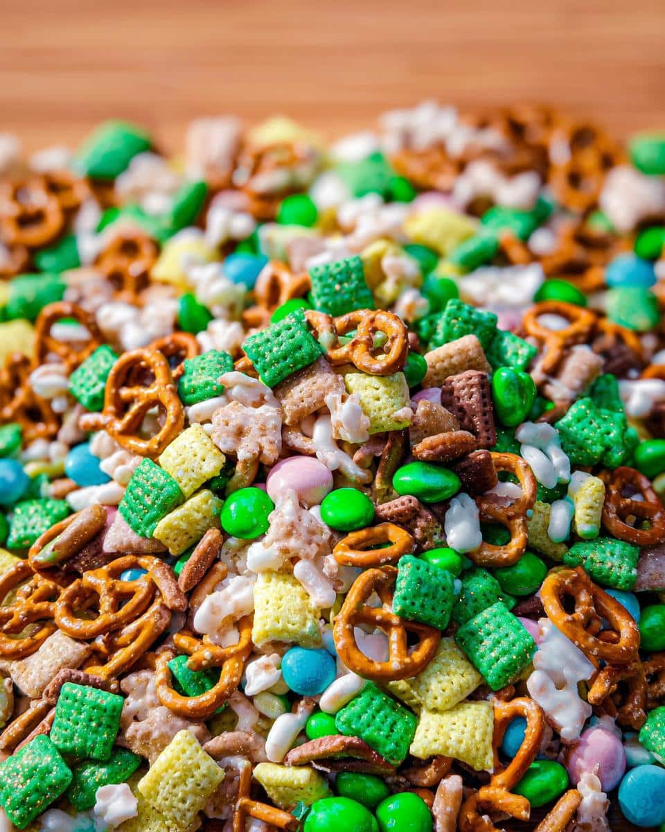 Close-up of a colorful pile of Leprechaun Bait Snack Mix featuring green and yellow Chex cereal, pretzels, and candy pieces.