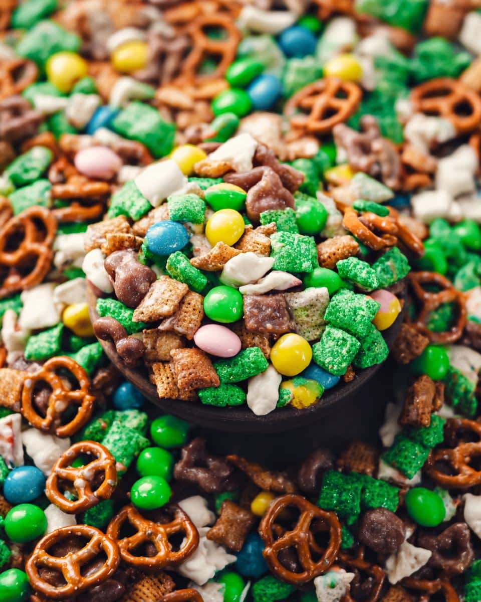 A close-up overhead shot of Leprechaun Bait Snack Mix featuring green-coated cereal, pretzels, and colorful candies.