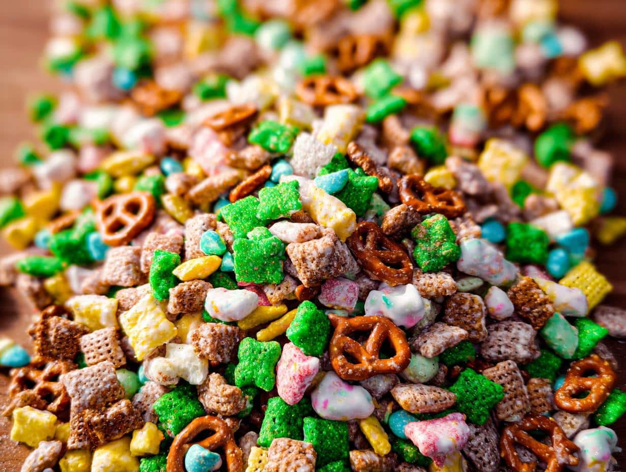 Close-up of a colorful pile of Leprechaun Bait Snack Mix featuring cereal, pretzels, and green/white candies.