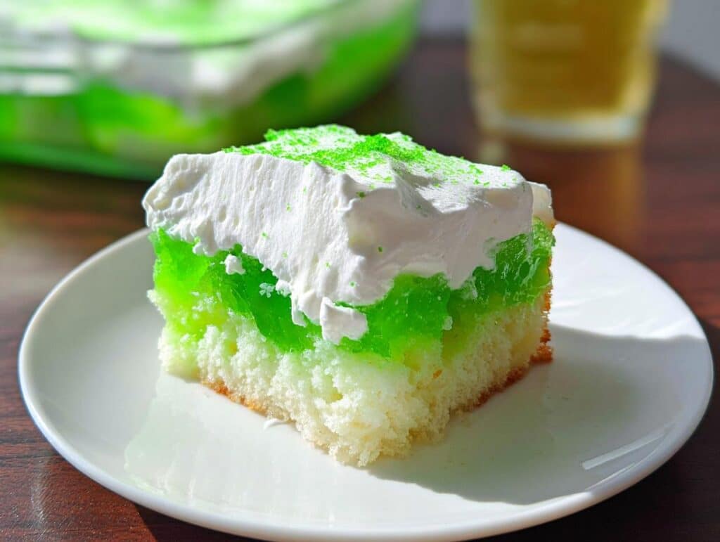 A square slice of bright green Lime Poke Cake topped with whipped cream and green sprinkles on a white plate.