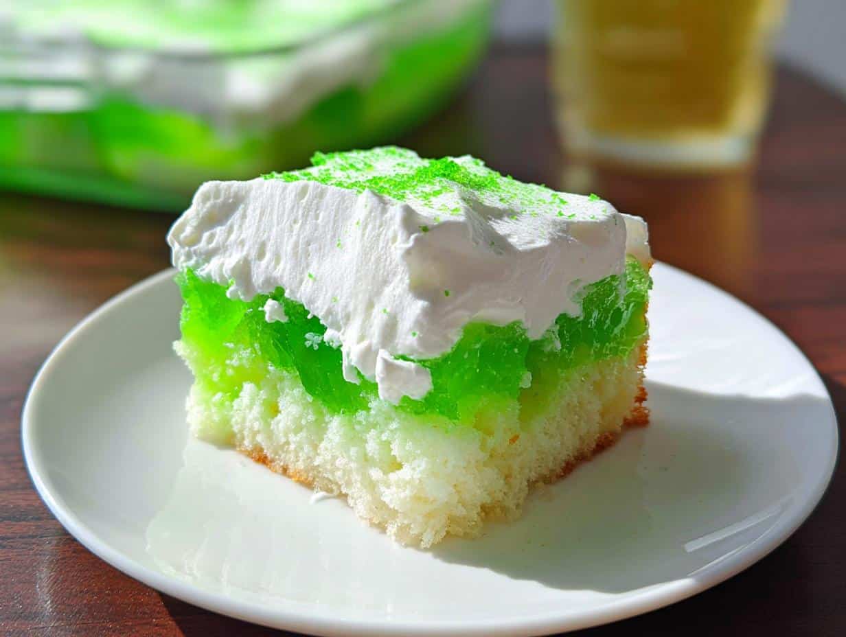 A square slice of bright green Lime Poke Cake topped with whipped cream and green sprinkles on a white plate.