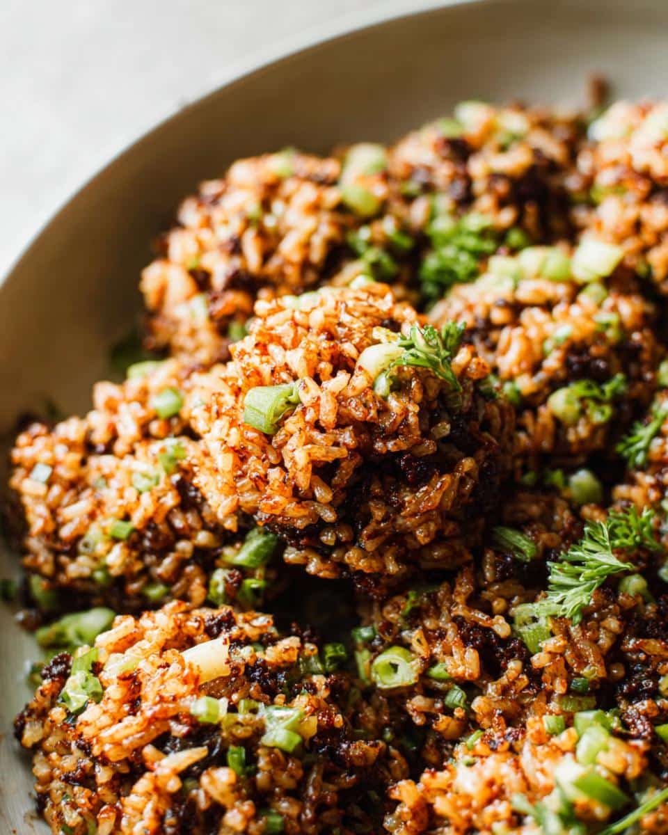 Close-up of several golden-brown Louisiana Dirty Rice Bites garnished with fresh green onions.