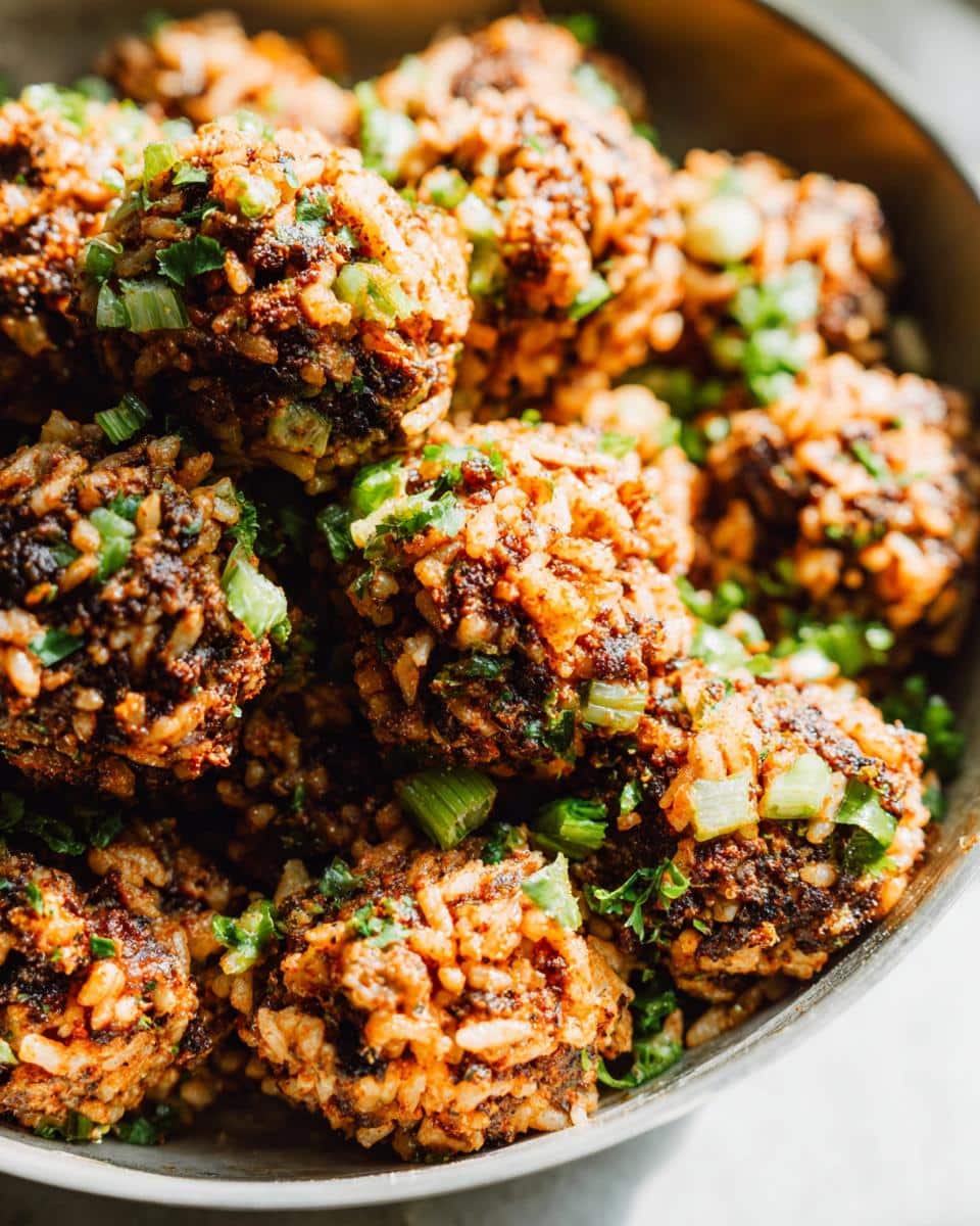 A close-up shot of several golden-brown Louisiana Dirty Rice Bites garnished with chopped green onions.