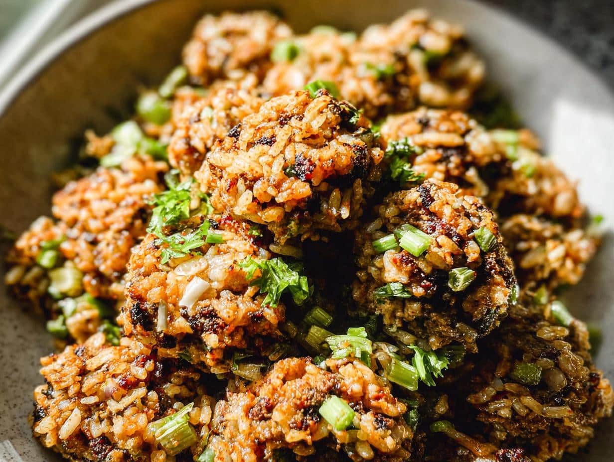 Close-up of crispy, golden Louisiana Dirty Rice Bites garnished with fresh green onions.