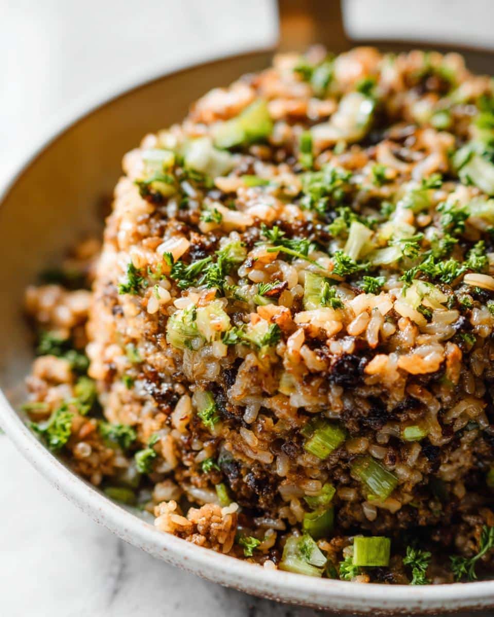 Close-up of molded Louisiana Dirty Rice Bites, featuring rice, dark savory bits, and green celery and parsley.