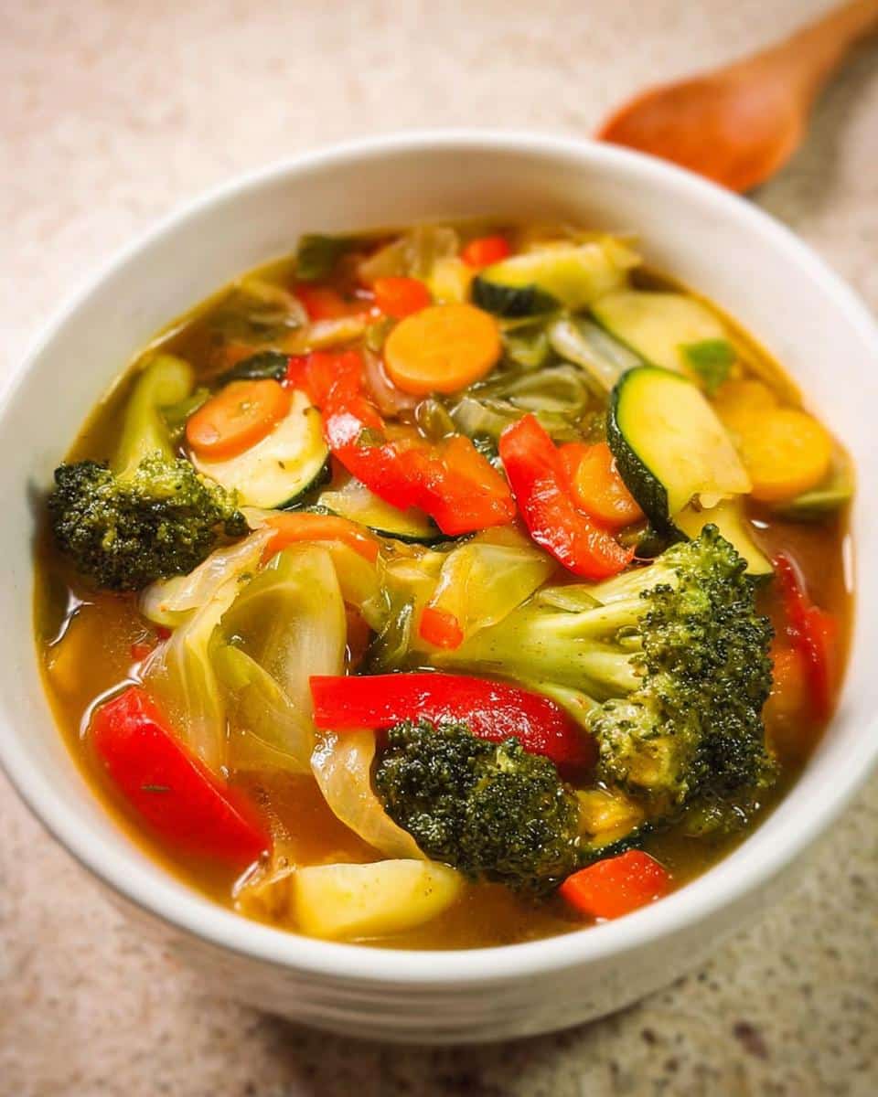 Close-up of a white bowl filled with colorful Low Calorie Vegetable Soup featuring broccoli, carrots, zucchini, and red peppers.