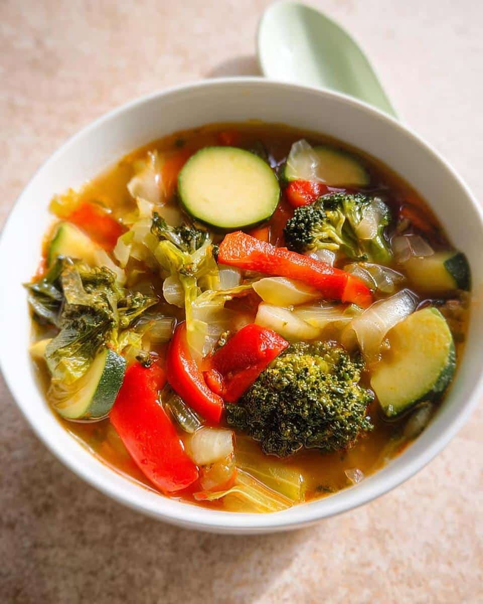 Close-up of a white bowl filled with vibrant Low Calorie Vegetable Soup featuring zucchini, red pepper, broccoli, and cabbage.