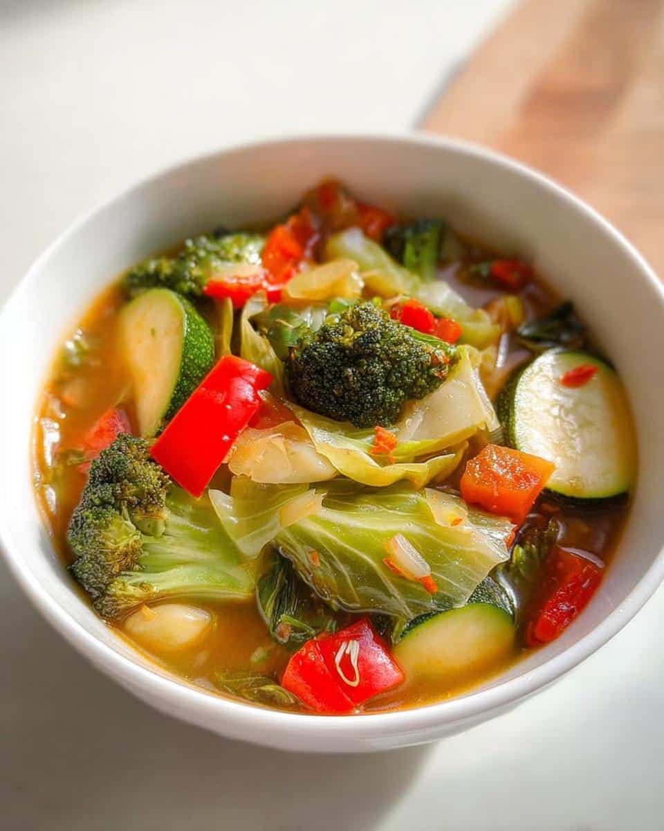 Close-up of a white bowl filled with vibrant Low Calorie Vegetable Soup featuring broccoli, zucchini, cabbage, and red peppers.