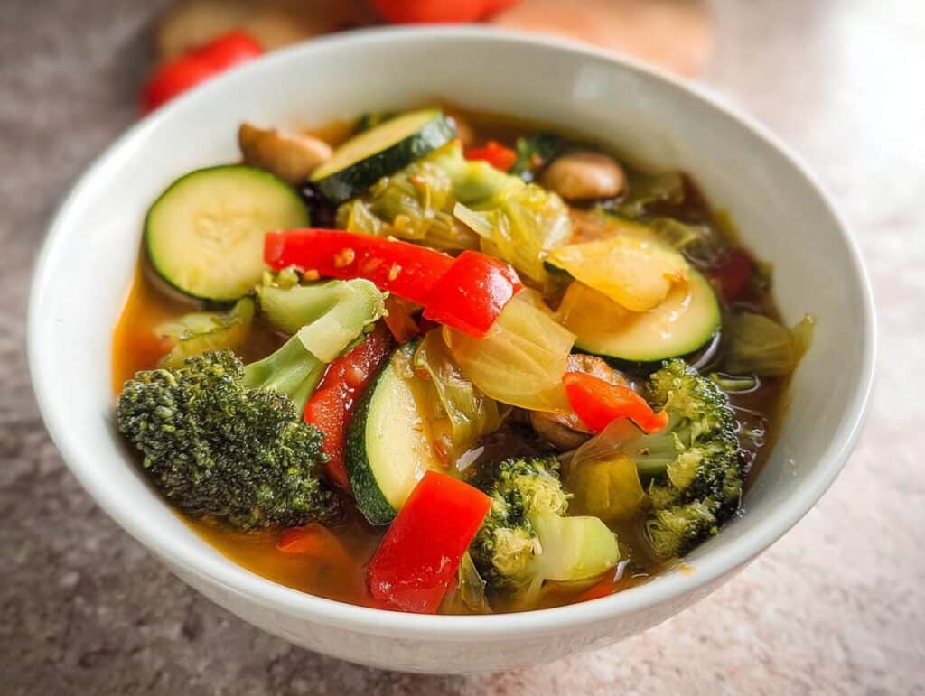 A close-up shot of a white bowl filled with vibrant Low Calorie Vegetable Soup featuring broccoli, zucchini, and red peppers.