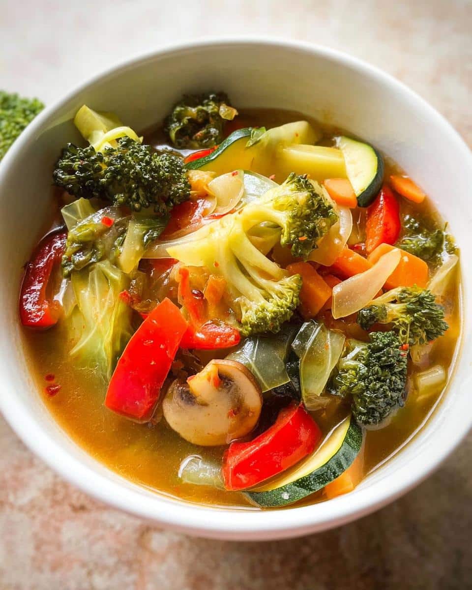 Close-up of a white bowl filled with colorful Low Calorie Vegetable Soup featuring broccoli, zucchini, and red peppers.