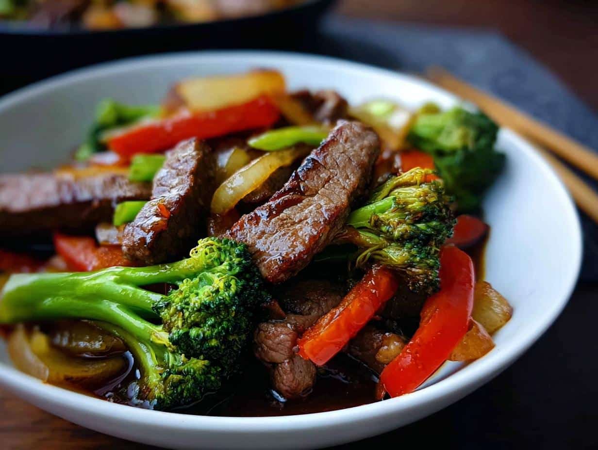 Close-up of a white bowl filled with Low Carb Beef Stir Fry featuring sliced beef, bright green broccoli, and red peppers.