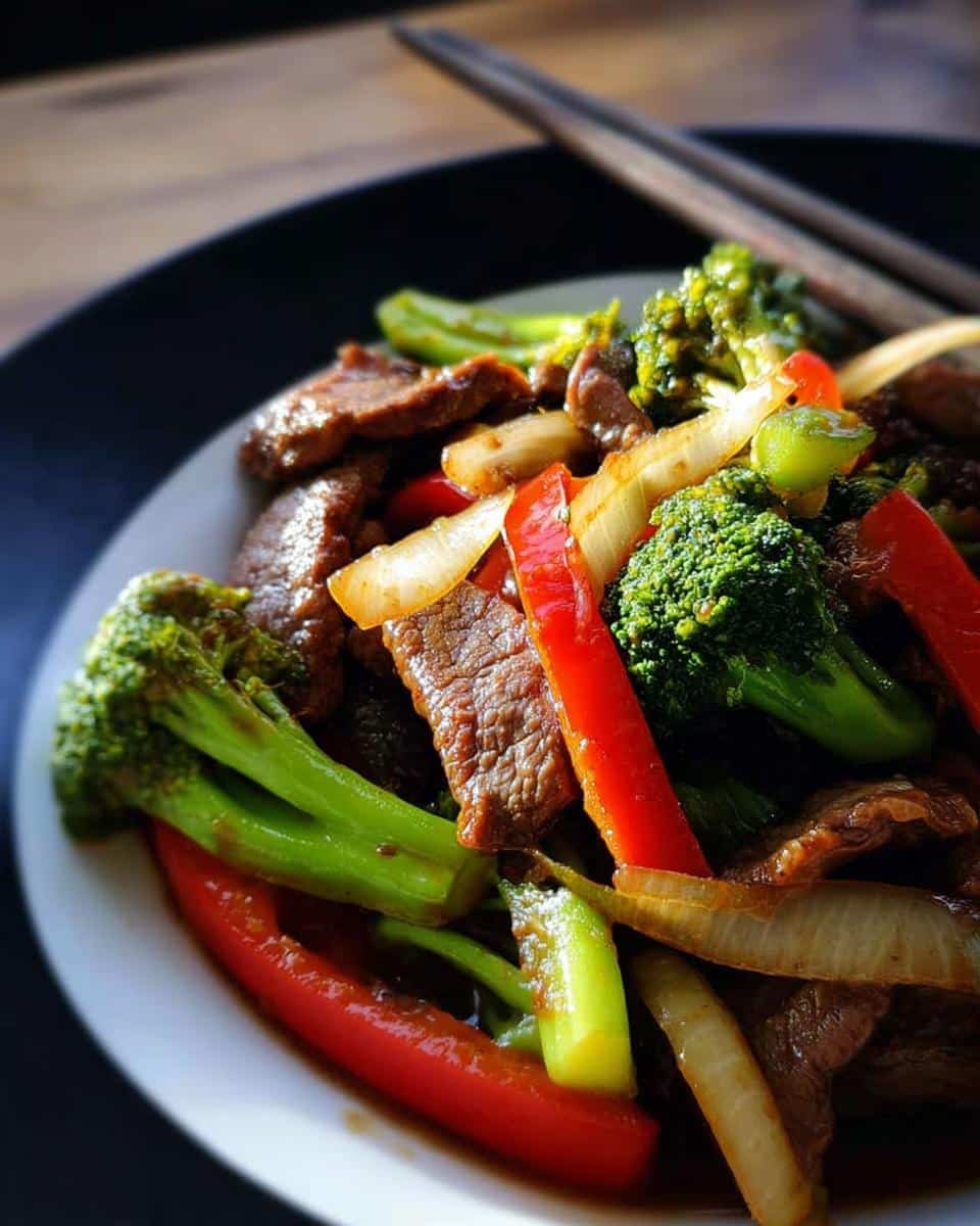 A close-up serving of Low Carb Beef Stir Fry featuring slices of beef, bright green broccoli florets, red bell peppers, and onions.
