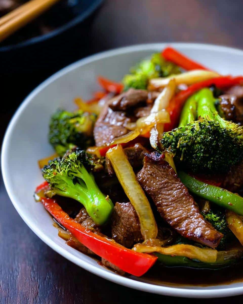 Close-up of vibrant Low Carb Beef Stir Fry featuring sliced beef, bright green broccoli, red peppers, and onions in a dark sauce.