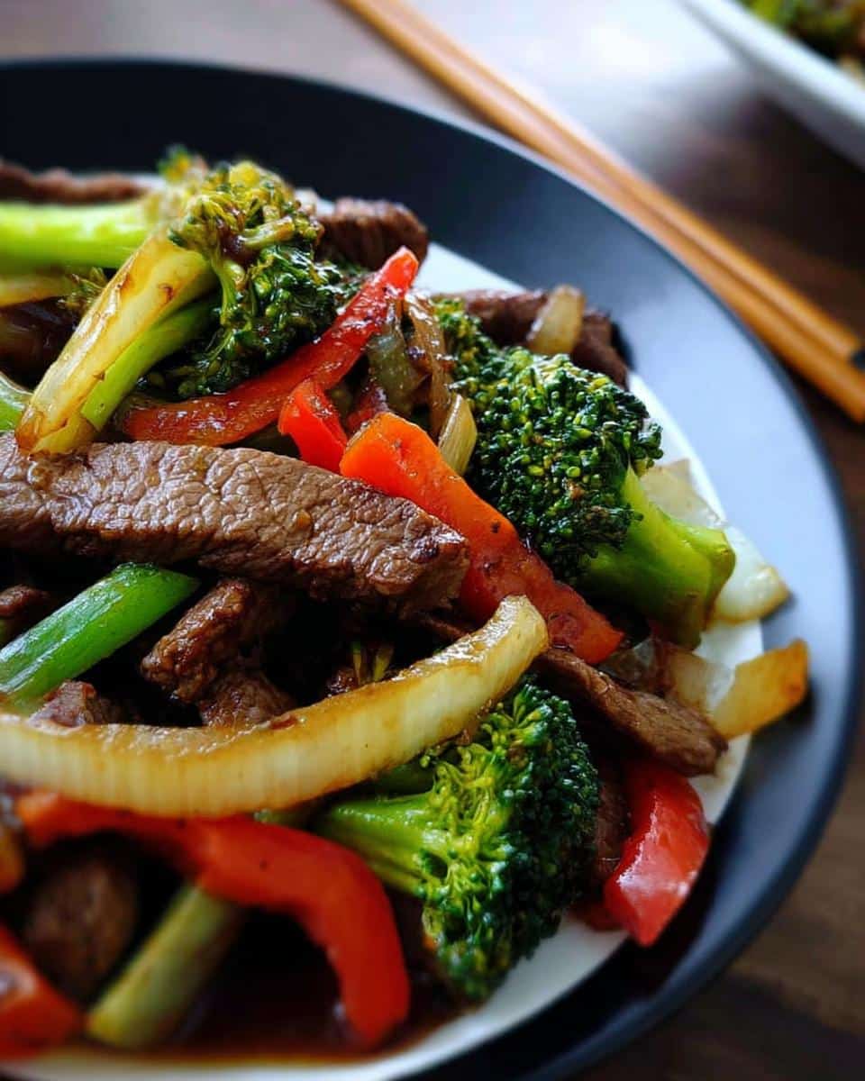 A vibrant close-up of Low Carb Beef Stir Fry featuring sliced beef, bright green broccoli, red peppers, and onions.
