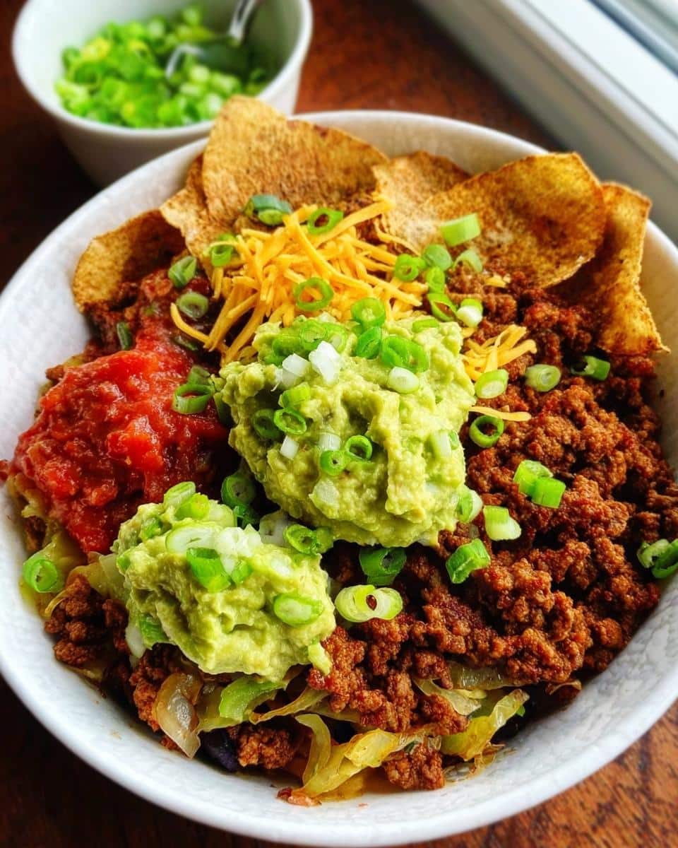 A vibrant Low Carb Beef Taco Bowl topped with seasoned ground beef, guacamole, salsa, cheese, and green onions.