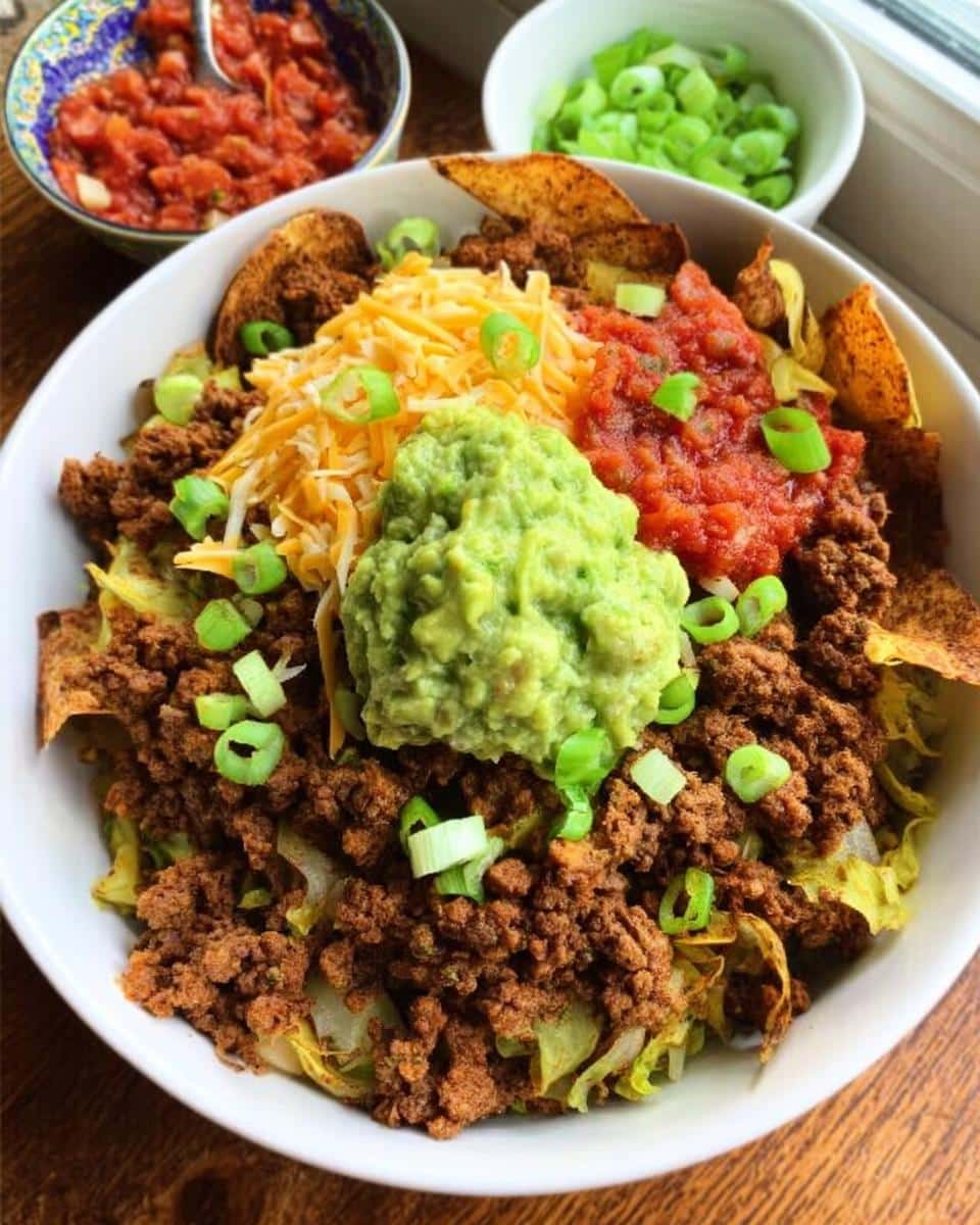 A vibrant Low Carb Beef Taco Bowl topped with seasoned ground beef, guacamole, salsa, cheese, and green onions.