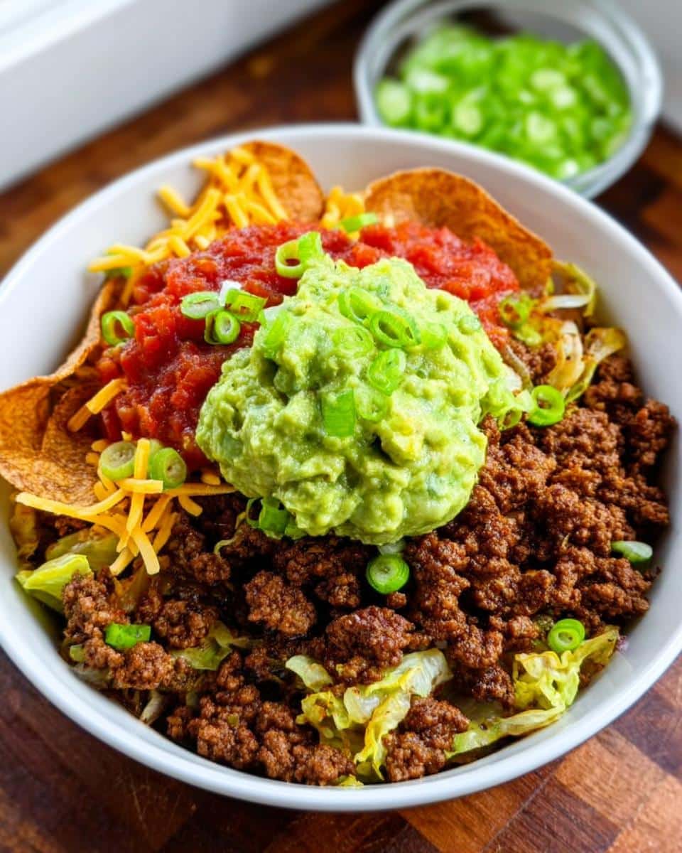 A vibrant Low Carb Beef Taco Bowl featuring seasoned ground beef, shredded lettuce, salsa, a large dollop of guacamole, and cheese.