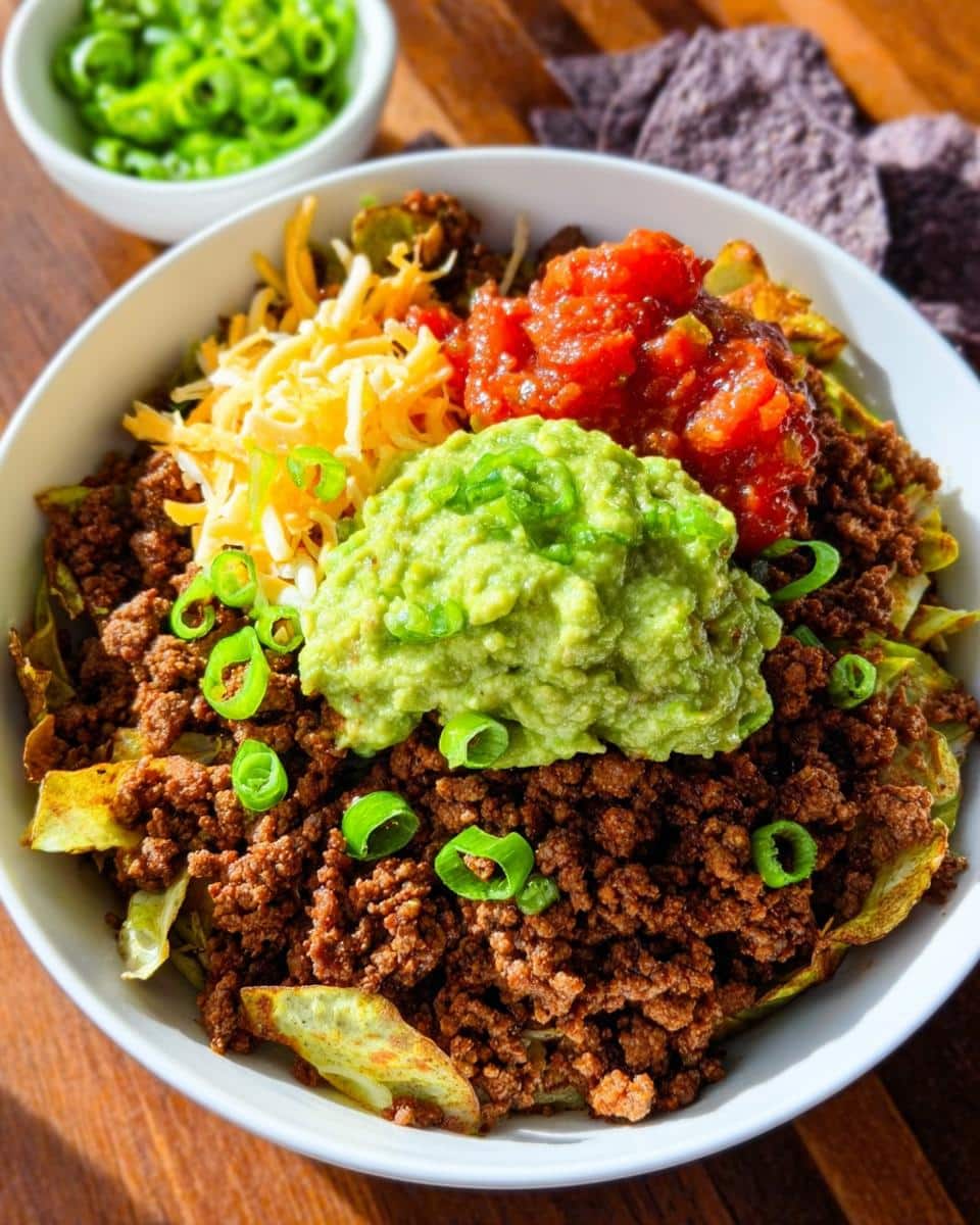 A vibrant Low Carb Beef Taco Bowl featuring seasoned ground beef, guacamole, salsa, and shredded cheese.