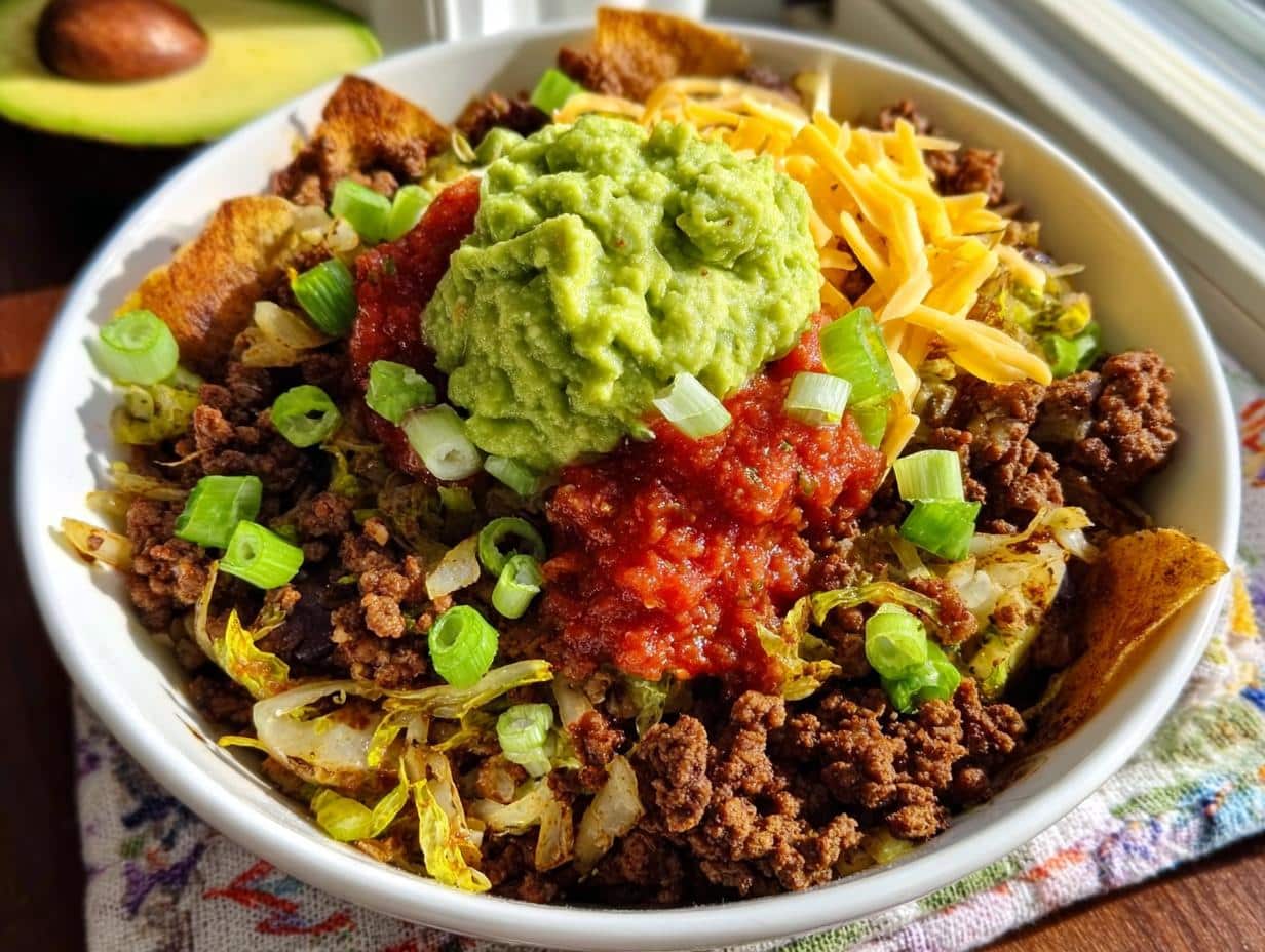 A vibrant Low Carb Beef Taco Bowl topped with seasoned ground beef, salsa, guacamole, cheese, and green onions.