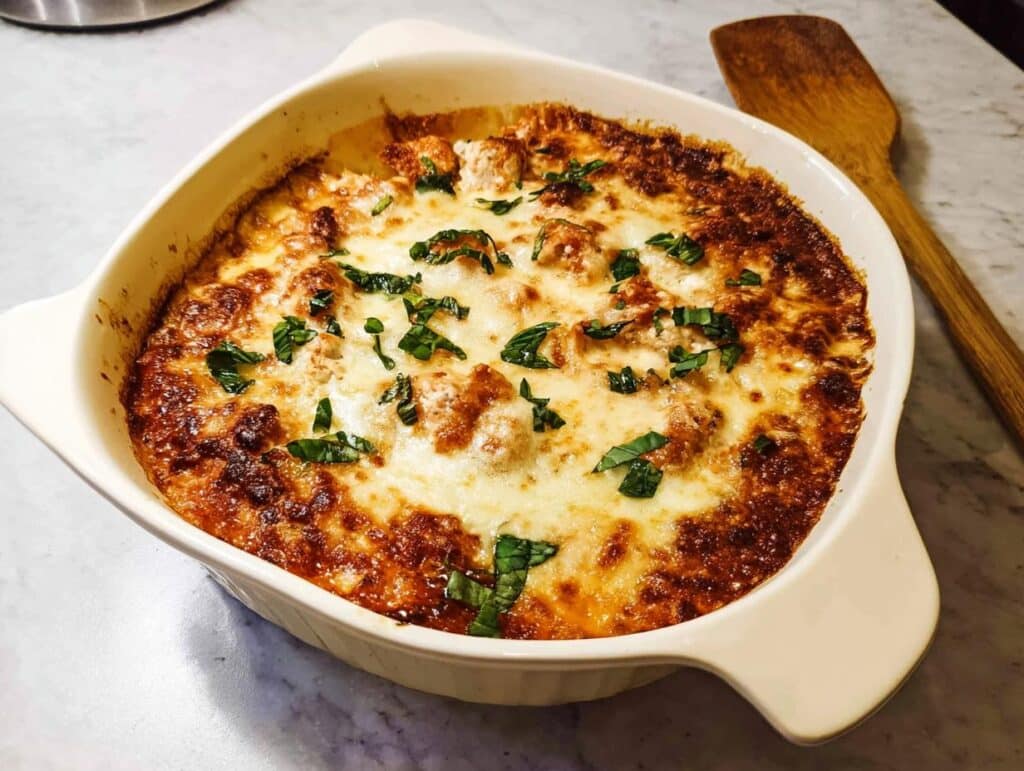 A bubbling, baked Low Carb Chicken Parmesan Casserole topped with melted cheese and fresh basil.