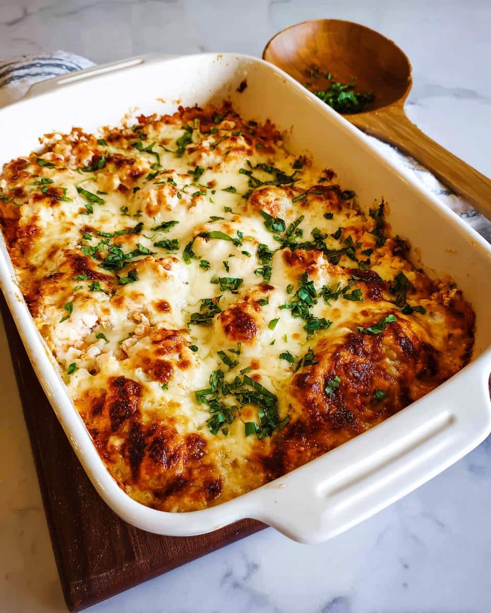 A bubbling, cheesy Low Carb Chicken Parmesan Casserole baked in a white dish and garnished with fresh parsley.