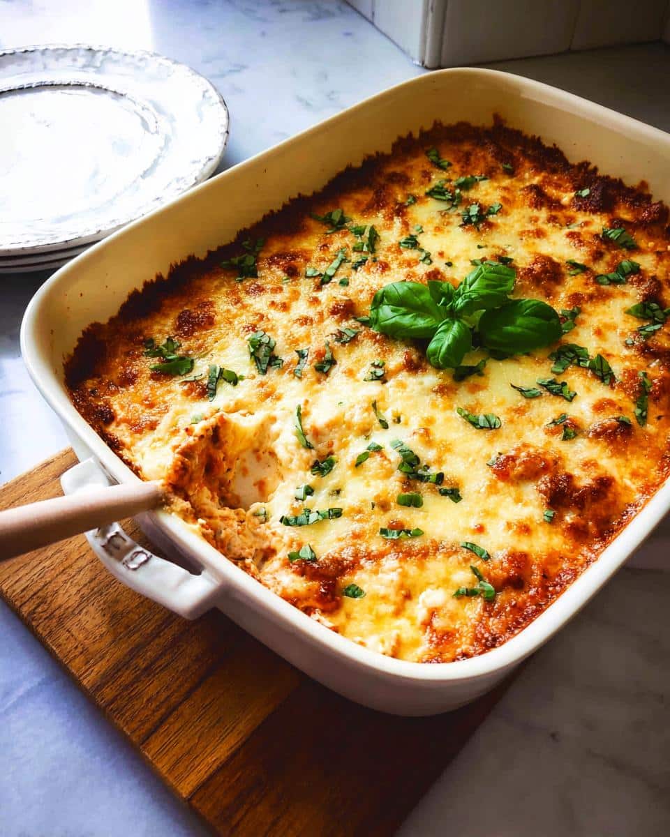 A bubbling, cheesy Low Carb Chicken Parmesan Casserole in a white baking dish, garnished with fresh basil.