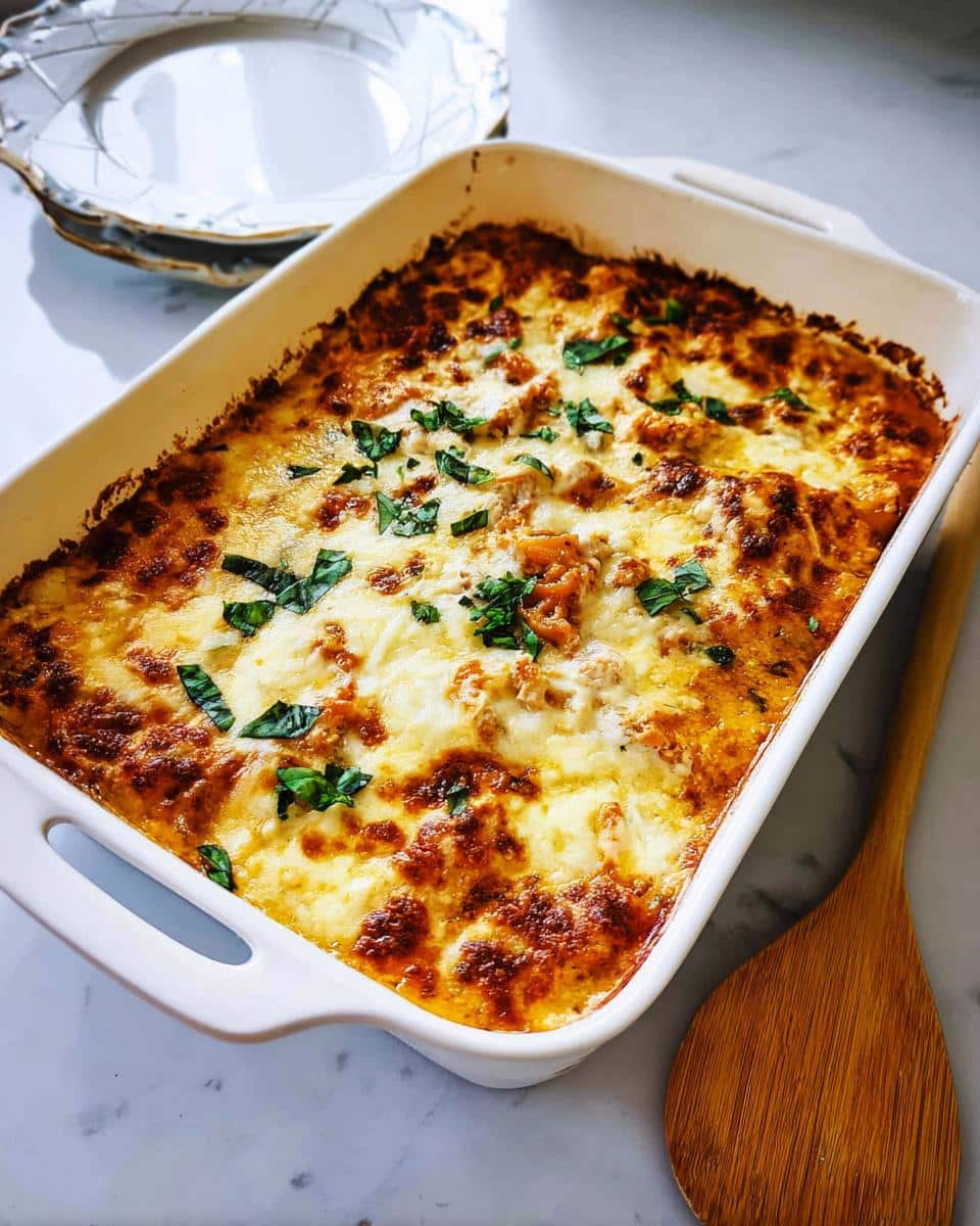 A golden-brown, cheesy Low Carb Chicken Parmesan Casserole baked in a white dish, garnished with fresh basil.