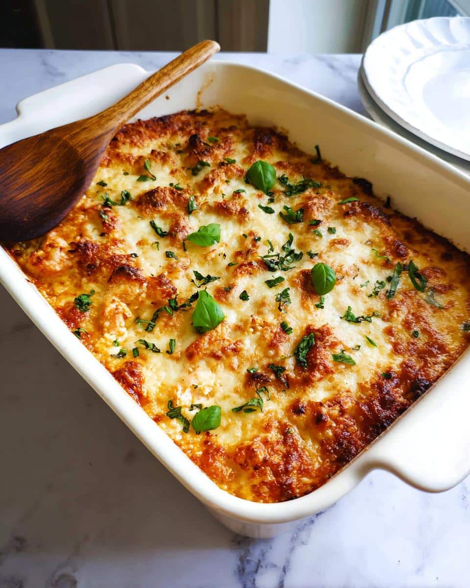 A golden-brown, cheesy Low Carb Chicken Parmesan Casserole in a white baking dish, garnished with fresh basil.