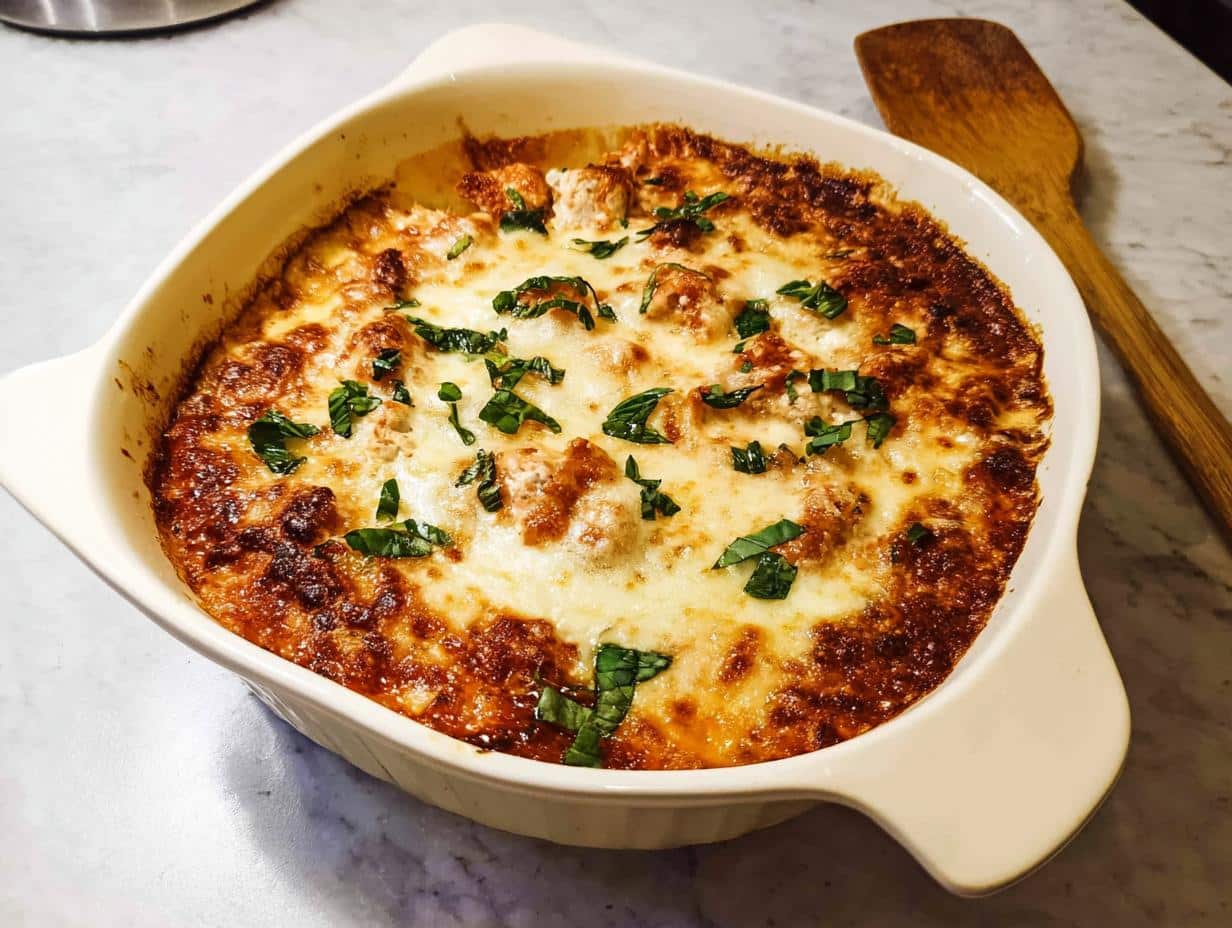 A bubbling, baked Low Carb Chicken Parmesan Casserole topped with melted cheese and fresh basil.