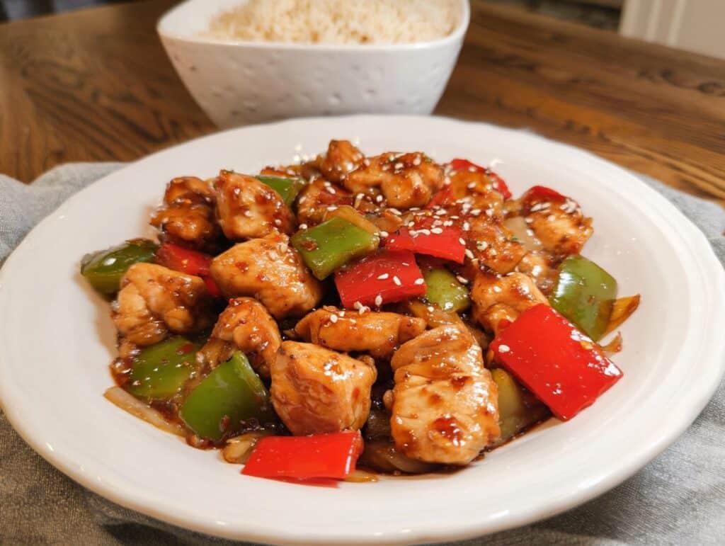 A close-up of a plate featuring glossy Low Carb Chicken Stir Fry with chunks of chicken, red and green bell peppers, and sesame seeds.