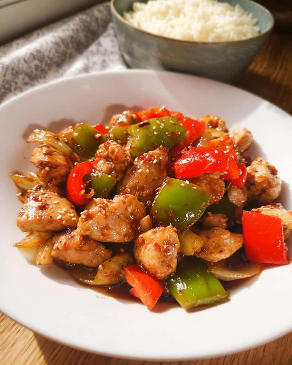 A close-up of vibrant Low Carb Chicken Stir Fry featuring chunks of chicken, red and green bell peppers, and onions in a savory sauce.