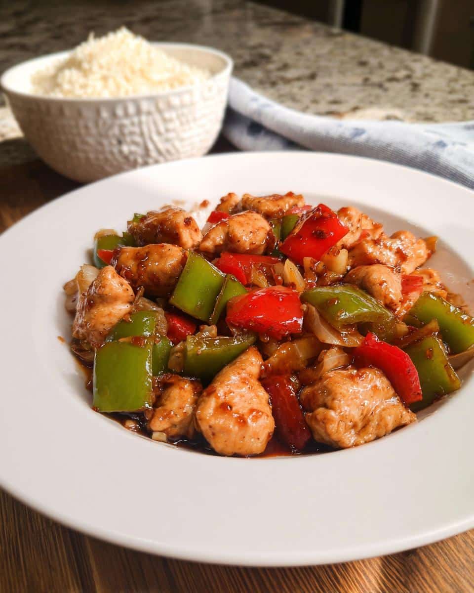 Close-up of Low Carb Chicken Stir Fry with chunks of chicken, green peppers, and red peppers in a savory sauce.