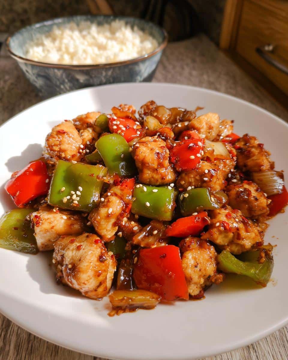 A close-up of a plate of Low Carb Chicken Stir Fry featuring chicken pieces, red and green bell peppers, and sesame seeds.