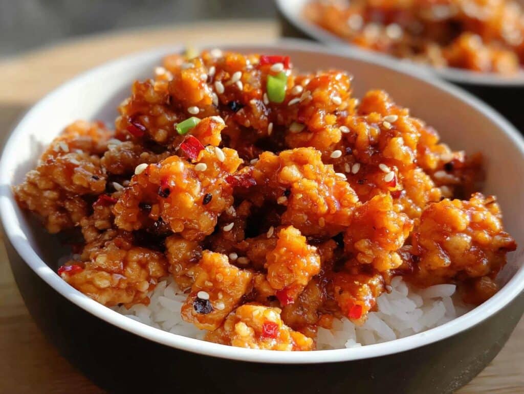 Close-up of Low Carb Firecracker Ground Chicken pieces coated in spicy sauce and sesame seeds, served over white rice in a bowl.