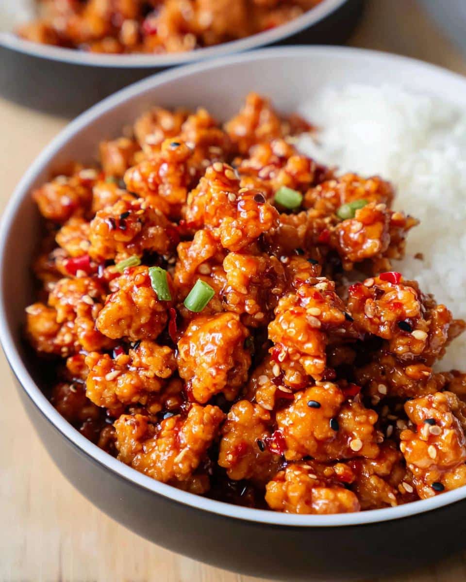 Close-up of Low Carb Firecracker Ground Chicken coated in a spicy glaze and served next to white rice.
