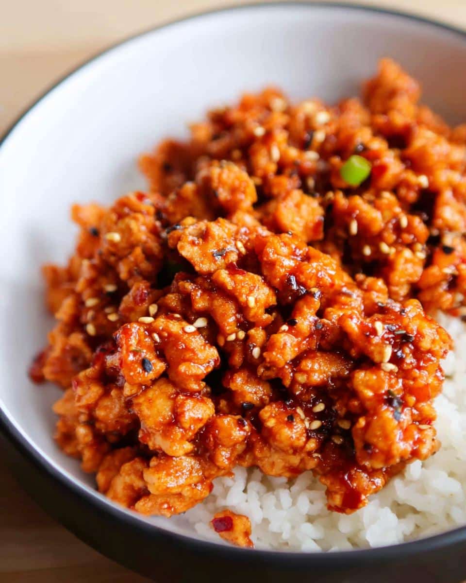Close-up of Low Carb Firecracker Ground Chicken coated in a spicy orange sauce, served over white rice and garnished with sesame seeds.