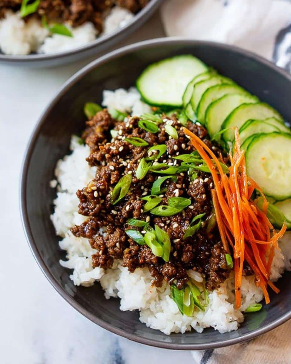 A close-up of a Low Carb Korean Beef Bowl featuring seasoned ground beef over white rice, topped with scallions, sesame seeds, and side garnishes of sliced cucumber and julienned carrots.