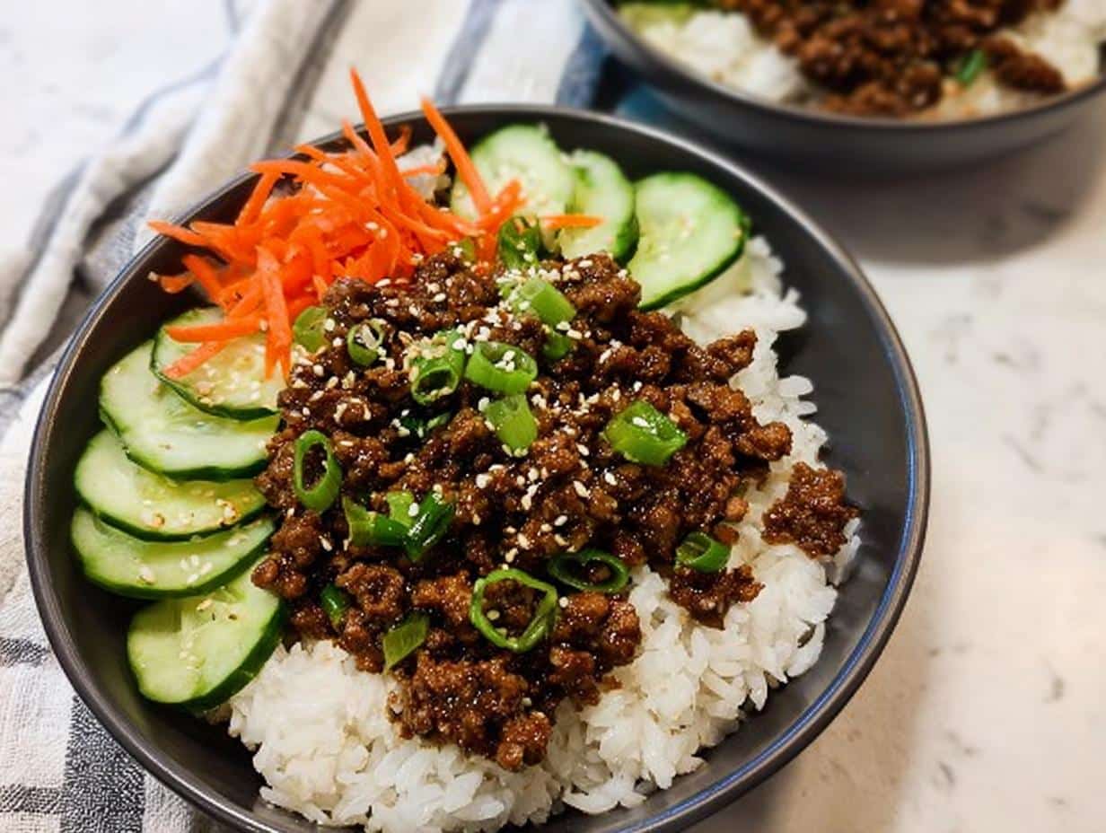 Close-up of a Low Carb Korean Beef Bowl featuring seasoned ground beef over rice, topped with sesame seeds and green onions, with sliced cucumbers and shredded carrots.