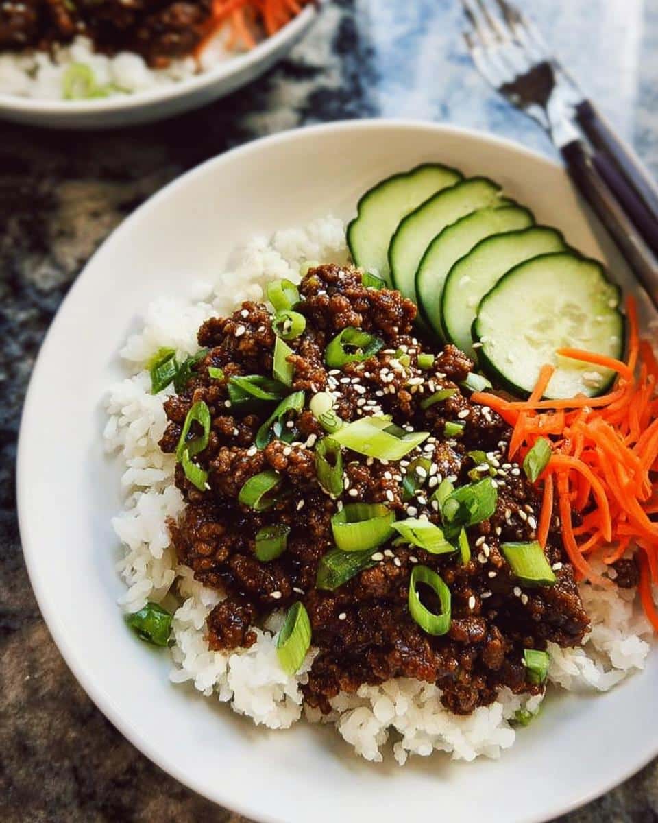 A white bowl featuring Low Carb Korean Beef Bowl served over white rice substitute, topped with green onions and sesame seeds.