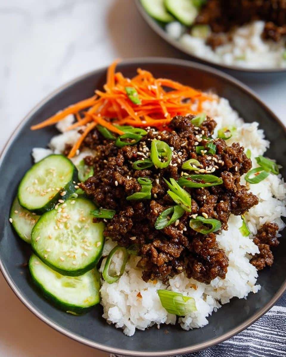 A close-up of a Low Carb Korean Beef Bowl featuring seasoned ground beef over white rice, topped with scallions and sesame seeds, served with cucumber slices.