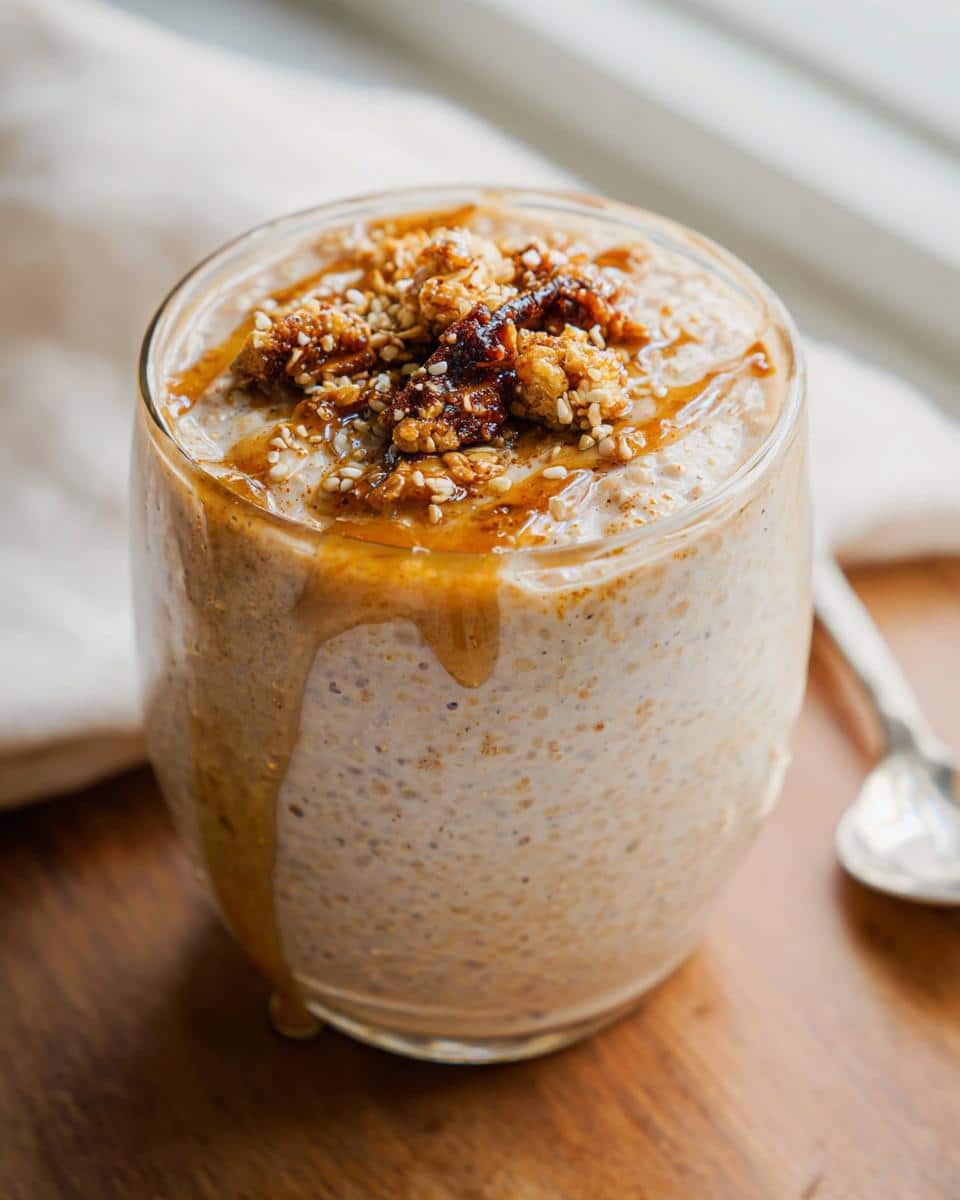 Close-up of Maple Brown Sugar Overnight Oats topped with granola, sesame seeds, and drizzled maple syrup.