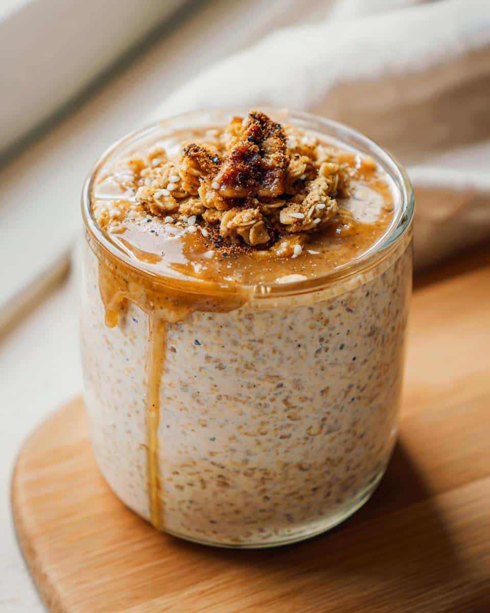 Close-up of Maple Brown Sugar Overnight Oats topped with peanut butter, granola, and cinnamon.