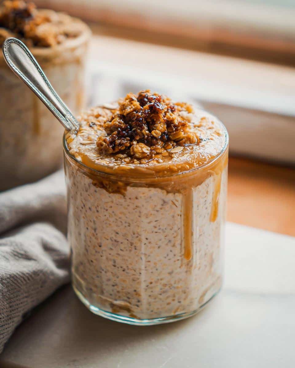 Close-up of Maple Brown Sugar Overnight Oats topped with crunchy brown sugar clusters and a drizzle of syrup.