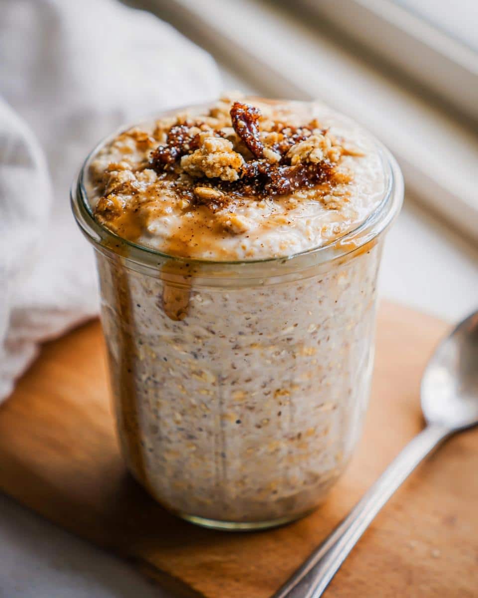 Close-up of Maple Brown Sugar Overnight Oats topped with crumble and maple syrup in a glass jar.