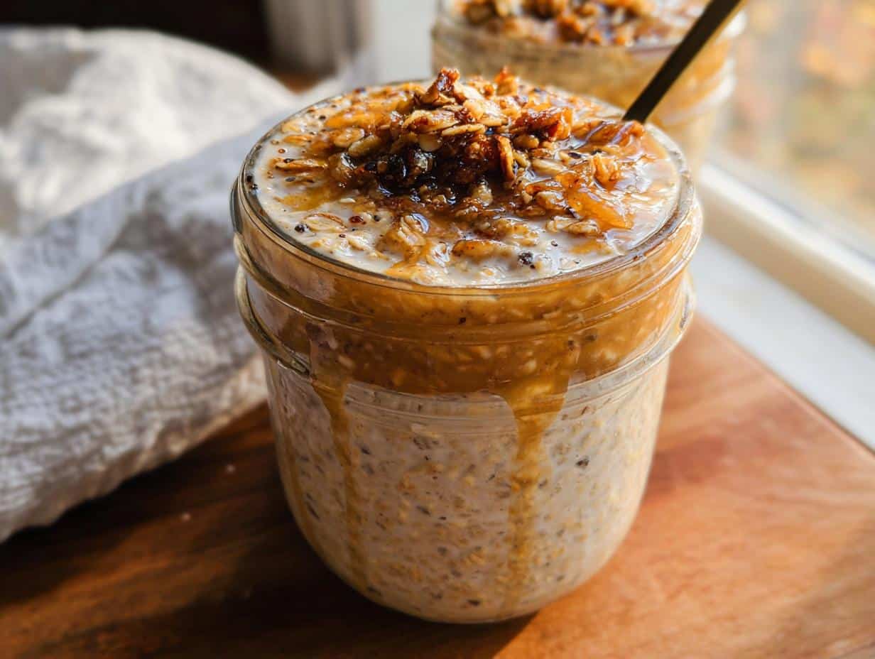 Close-up of Maple Brown Sugar Overnight Oats topped with crunchy granola and drizzled with syrup in a glass jar.