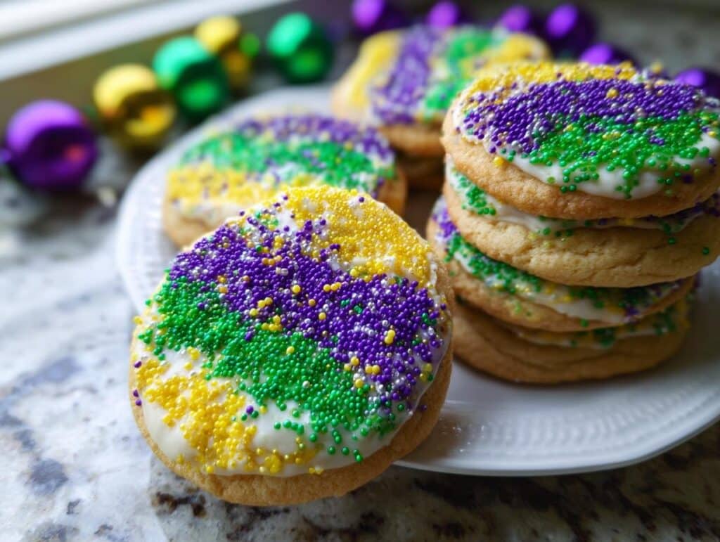 Close-up of Mardi Gras Cake Mix Cookies topped with white icing and purple, green, and gold sprinkles, stacked on a plate.