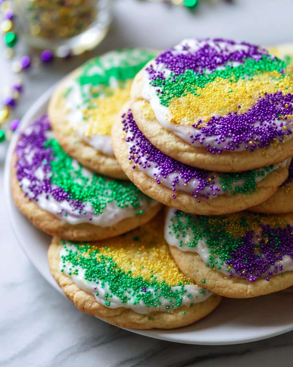 A stack of Mardi Gras Cake Mix Cookies topped with white icing and purple, gold, and green sprinkles.